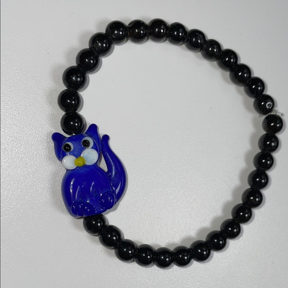 Black Tourmaline Blue Cat Stretch Bracelet.